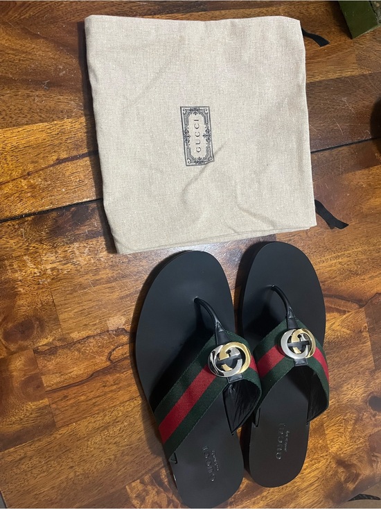 Gucci Men\'s Black Leather Thong Sandals Green & Red Web Gold And Silver GG 9.5 main image 7